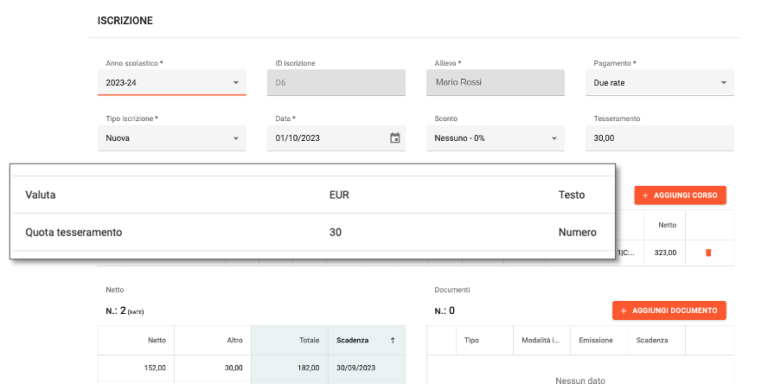 Personalizzazioni speciali - Tesseramento e Valuta